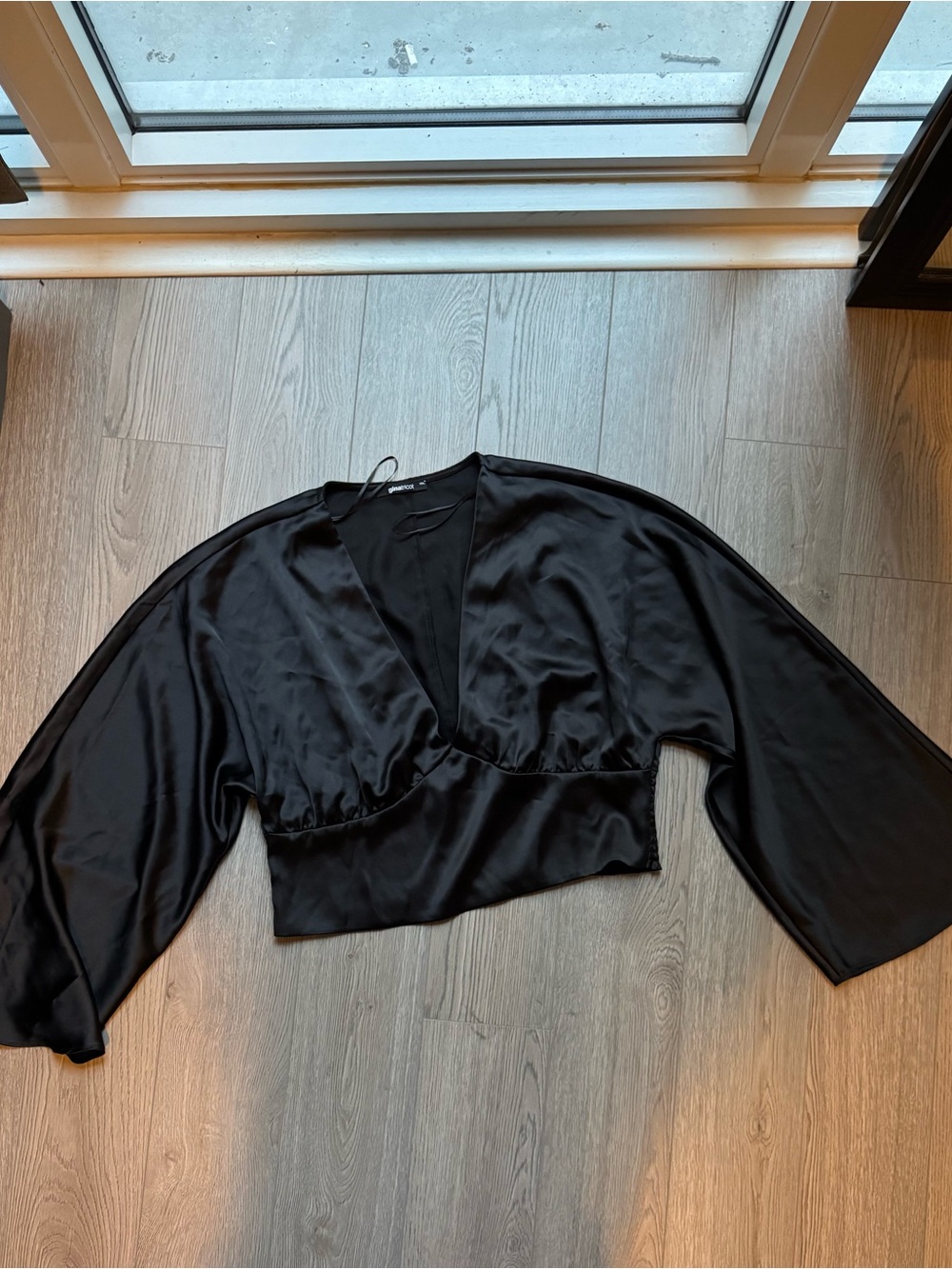Satin V-Neck Black Cropped Blouse